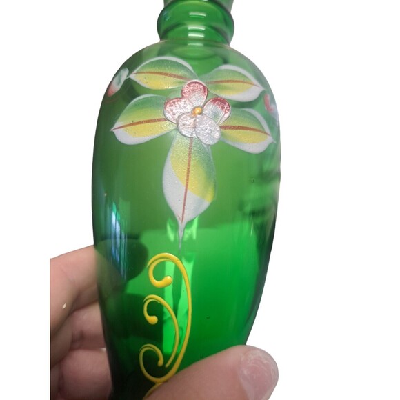 Vintage Bohemian Green Glass Bud Vase Handpainted Floral Design Japan - Picture 5 of 12